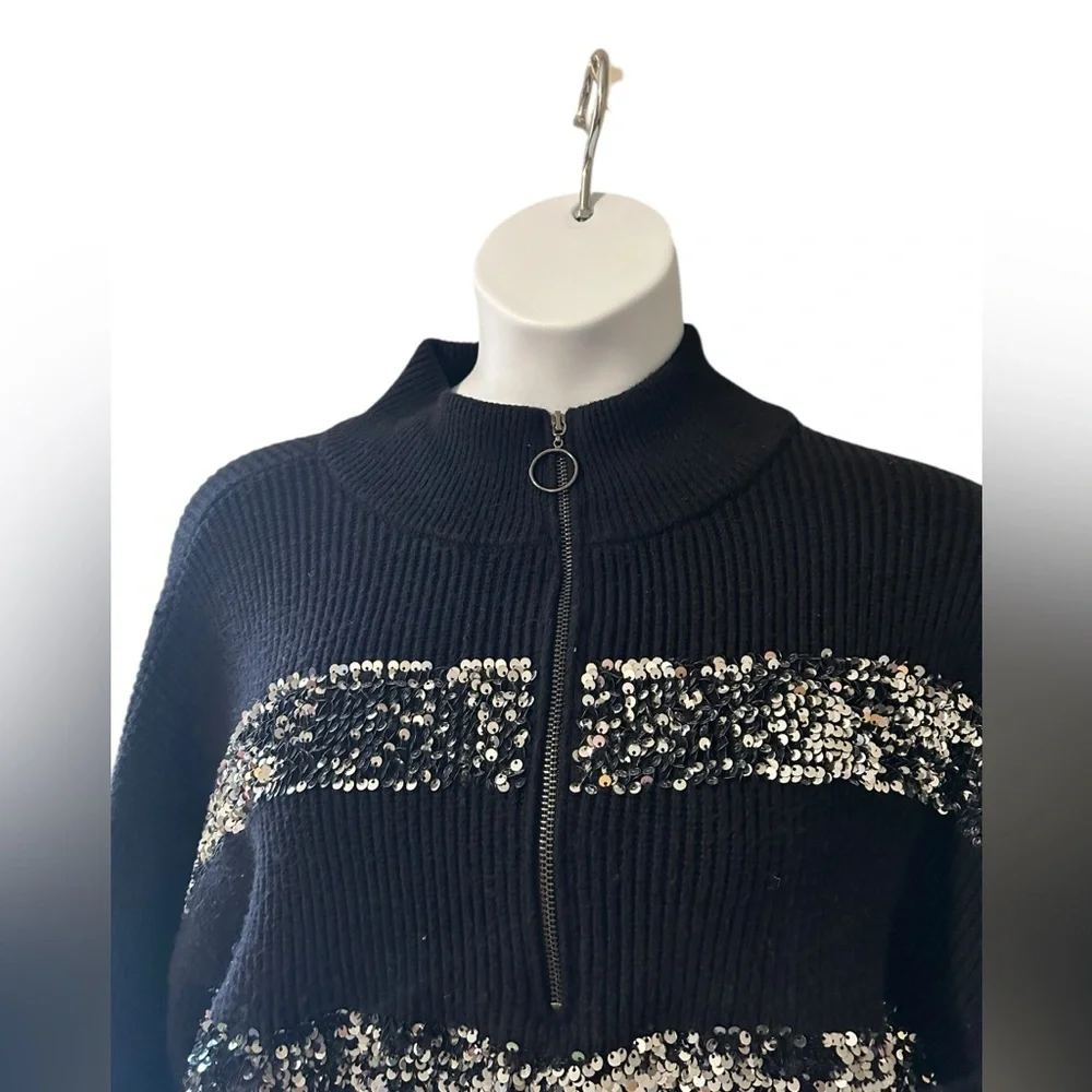 Nine West Womens sequin striped pleated black turtleneck quarter zip XL sweater - Picture 4 of 7